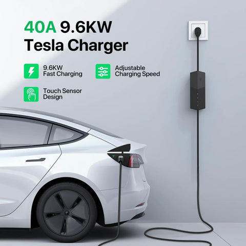 Nacs Ev Charger Mobile Connector Serving 40 Amp Level 2 Fast Electric Vehicle Charging with 9.6KW Tesla charger and cable.