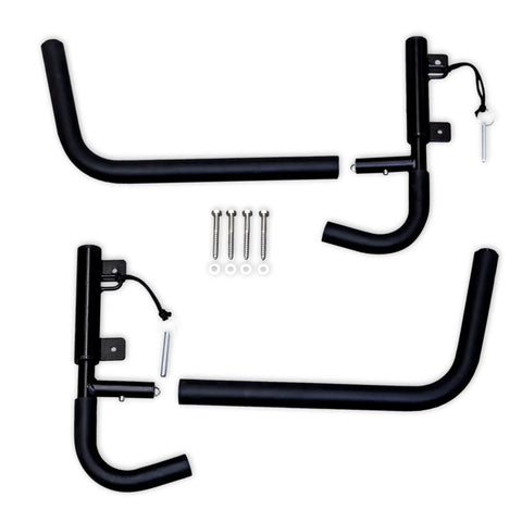 Heavy Duty Swivel Kayak Rack For Garage Walls That Folds Flat, includes sturdy black steel arms and installation screws.