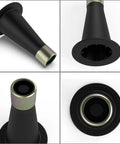 Different views of Six Pack Bed Frame Feet Risers For Replacing Wheels, Prevent Slipping And Sliding, Black and Gold design.