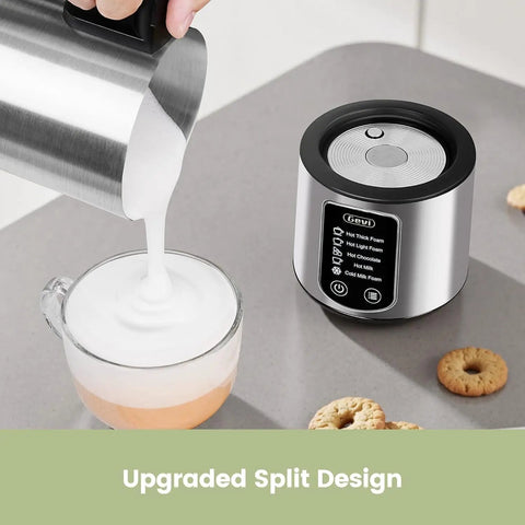 5 In 1 Stainless Steel Milk Frother And Steamer For Hot Or Cold Froth Pro Grade Latte Cappuccino Macchiato And Hot Chocolate Maker Auto Shutoff Anti Dry Burn Protection Easy To Clean Durable Kitchen Barista Tool with milk being poured into a glass mug.