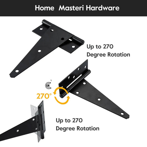 Badass 10 Inch Heavy Duty Gate Hinges 2 Pack Wrought Iron T Straps for Barn Doors showing 270-degree rotation features.