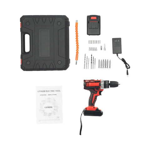 Top Tier 12V Cordless Drill Driver Set With Fast Lane Battery Charger and accessories arranged neatly in a carrying case.