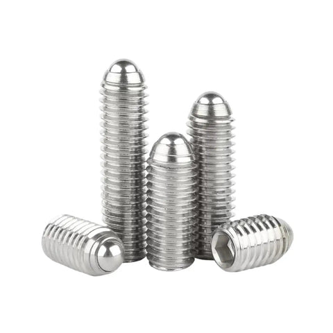 Built Tough 304 Stainless Steel Spring Ball Plunger Set Screws M8 X 40Mm Hex Socket Allen Drive Grade 12.9 Black Industrial Precision Positioning Hardware 5 Pack shown in a stack.