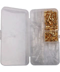 Kick-Start Your Electrical Projects With This Awesome Female Spade Terminal Kit Featuring Reliable Copper Connectors In 2.8mm 4.8mm And 6.3mm Sizes Plus Insulation Sleeves Perfect For AWG 18-14 Wire Auto And Audio Gear That Really Pops. clear plastic case with copper female spade terminals and insulation sleeves