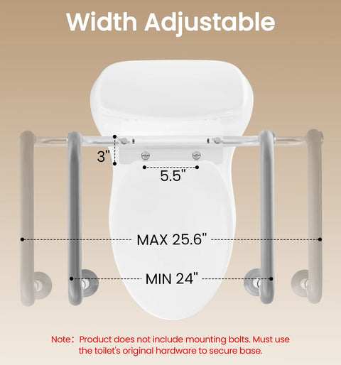 Rock Solid Aluminum Toilet Safety Handle For Seniors Supporting Up To Three Hundred Fifty Pounds With Easy Grip Install and Hella Stabilizing Assist Bar, adjustable length measurements.