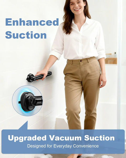 Upgraded No Drill Suction Shower Grab Bar With Solid Grip, Bathroom Safety Handrail In Matte Black on smooth tile wall.