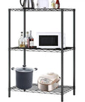 Heavy Duty Steel Wire Shelving Unit Three Tier Adjustable Height Utility Storage Rack For Garage Kitchen With Leveling Feet. Kitchen items on shelves.
