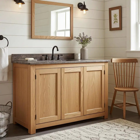 Killer Unfinished Oak Shaker Kitchen Cabinet Door Replacement 14 Width 17 Height No Sweat DIY Renovation on a bathroom vanity.