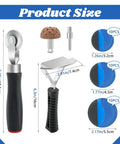 Heavy Duty Tire Repair Patch Kit 33 Piece Tool Set Includes Tungsten Buffing Wheel Roller and Scraper for Quick Back On The Road Fixes to Heal Car Punctures Without the Garage Headaches or Fat Wallet Pain Tonight size chart with tools, dimensions, and rubber patches shown