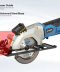Badass Cordless Mini Circular Saw Featuring 4-1/2-Inch Pure Copper Motor And Integrated Laser Guide For Clean Cuts Rapid Setup Lightweight Build Handles Every Grind Session No Sweat close-up view showcasing laser guide and steel base.