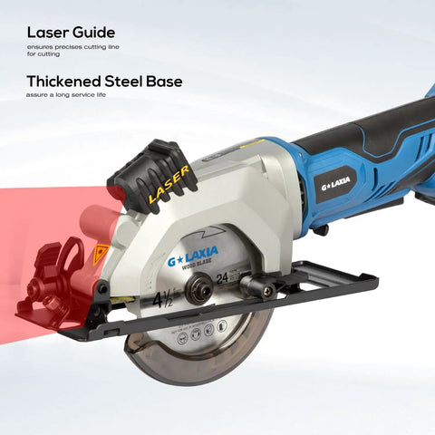 Badass Cordless Mini Circular Saw Featuring 4-1/2-Inch Pure Copper Motor And Integrated Laser Guide For Clean Cuts Rapid Setup Lightweight Build Handles Every Grind Session No Sweat close-up view showcasing laser guide and steel base.