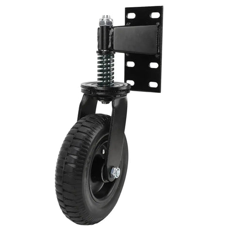 Two Pack Eight Inch Steel Rubber Gate Wheels With Silent Spring Suspension For Heavy Swing Gates And Diy Upgrades featuring black rubber wheels.