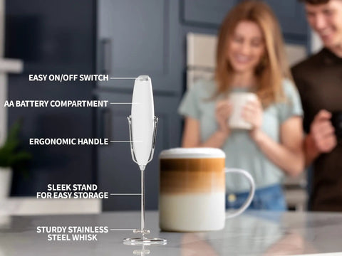 Complete Home Coffee Frother Set With Upgraded Ultra Stand Barista Grade Handheld Milk Foam Maker on kitchen counter