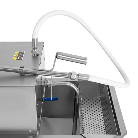 Close-up of Heavy Duty Commercial Fryer Oil Filter Cart, 550 Watt stainless steel pump and filtration system details.