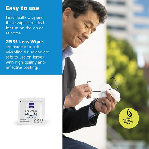 ZEISS Pre-Moistened Lens Cleaning Wipes, 200-count; white packet with ZEISS logo