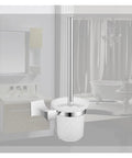 Heavy Duty No Fuss Wall Mounted Toilet Brush Holder With Smooth Chrome Plating And Sleek Black Glass Tumbler mounted beside sink.