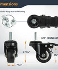 Two Inch Caster Wheels Set Of Four With 360 Degree Swivel And Dual Locking Brakes dimensions and lug nuts included