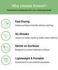 Solwst Optix lens cleaning wipes infographic highlighting fast-drying, no-streak, and gentle-on-surfaces features.