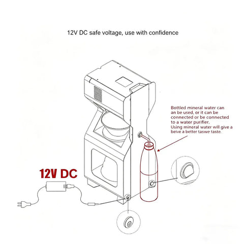 12V DC Automatic Cold Brew Coffee Maker With Led Touchscreen Smart Temperature Control showing water connection options.