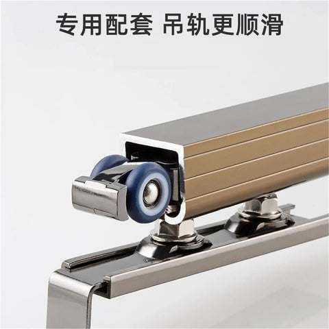 Upgraded Heavy Duty Stainless Steel Door Rollers For Sliding Furniture Doors And Closets Ultra Silent Smooth Operator with blue wheels and track.