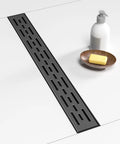 32 Inch Matte Black Linear Shower Drain With Removable Brick Pattern Grate, Rectangle Floor Drain In 304 Stainless Steel, Adjustable Feet