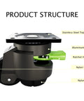 Side view of 4 Pack Leveling Casters Heavy Duty With Upgraded Ratchet 360 Degree Swivel With Feet Height Adjustable Total Capacity 2200 Lbs showing product structure with labels for stainless steel top plate, aluminum body, ratchet handle, nylon wheel, nylon base.