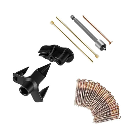 DIY Floor Squeak Repair Kit With 5 Tools And 50 Screws for Carpets and Hardwood Floors shown with components