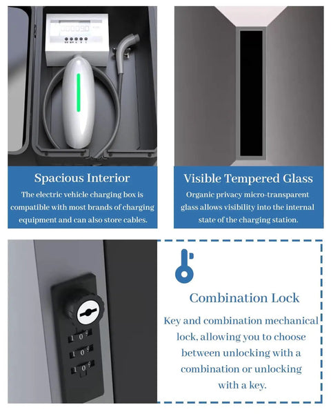 Heavy Duty Outdoor EV Charger Pedestal, Galvanized Steel Enclosure With Keypad Lock, Secure Cable Manager For Tesla And Chargepoint Vehicles showing spacious interior and combination lock.