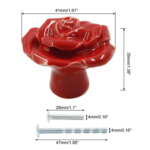 Top Shelf Red Rose Ceramic Drawer Pulls and Dope Floral Cabinet Hardware Knobs with Smooth High Temperature Glaze for Kitchen Refresh and Modern Room Makeover Two Piece Set close-up view, 41mm red rose design.