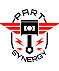 Logo of Part Synergy featuring a piston with wings and red lightning bolts on a white background.