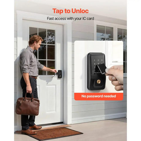 Sleek Matte Black Keyless Entry Door Lock With IC Card Reader And Touchpad Keypad, man unlocking door with IC card.