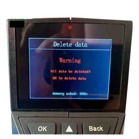 Display screen of Heavy Duty Stud Finder Wall Scanner showing delete data warning and memory usage.