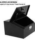 Heavy Duty 36 Inch Trailer Tongue Tool Box With Angled Sloped Lid Steel Storage Chest Built Tough As Nails For RV Gear Trailers And Camping Organization Rig Ready Hitch Accessory, open with lid support.