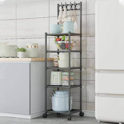 Five Tier Heavy Duty Storage Rack With Smooth Swivel Rolling Wheels Industrial Platform Shelving Unit For Garage Home Organization Rock Solid Rust Coated Steel Frame with kitchen items.