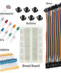 IDE Compatible STEM Learning Kit For Beginners Adventure Kit Cogsworth City components including breadboard, LEDs, wires.