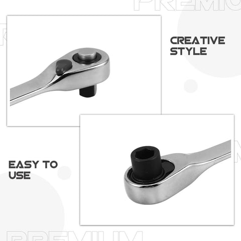 Real Deal Mini Double Ended Socket Ratchet Wrench With A Sweet Quick Direction Flip For Cranking Hex Fasteners In Those Awkward Tight Squeezes Around The Garage Shed close-up showing handle and socket end.