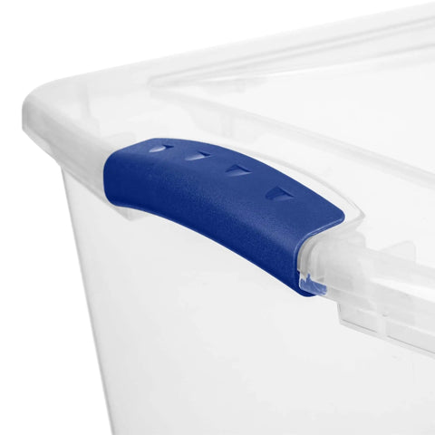 Heavy Duty SixtySix Quart Clear Plastic Storage Bins Two Pack With Blue Latch Lids close-up of blue latch on bin