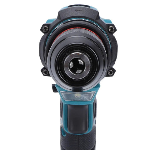 Beefy Cordless Drill Featuring Brushless 20 Volt Motor And 3/8 Inch Keyless Metal Chuck close-up view showing chuck and control features.
