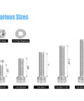 Top Shelf Solid 66 Piece 1/4-20 Hex Socket Head Cap Screw And Nut Washer Assortment Kit Packed With 304 Stainless Steel Bolts 1/2 3/4 1 1-1/4 1-1/2 Inch Lengths For Rugged Builds And Repairs showing various sizes of bolts and nuts.