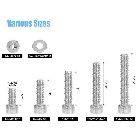 Top Shelf Solid 66 Piece 1/4-20 Hex Socket Head Cap Screw And Nut Washer Assortment Kit Packed With 304 Stainless Steel Bolts 1/2 3/4 1 1-1/4 1-1/2 Inch Lengths For Rugged Builds And Repairs showing various sizes of bolts and nuts.