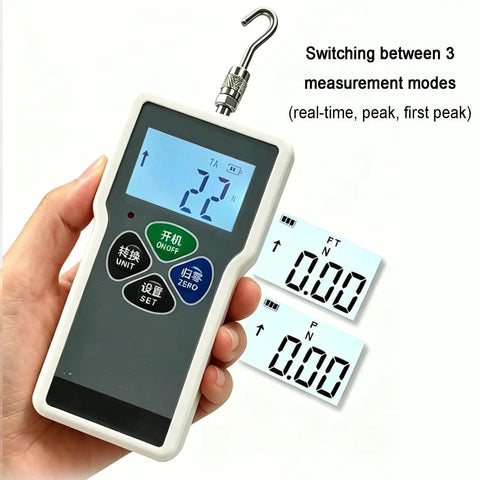 Badass Digital Push Pull Force Gauge That Delivers Straight Up Precise Load Cell Readings Across Four Units With Reliable Real Time Peak Capture Modes For Heavy Duty Workbench Testing showing measurement mode display and hand holding unit.