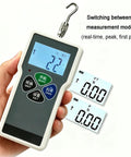 Heavy Duty Digital Force Gauge Featuring Bulletproof S Type Sensor And Quick Tap Peak Hold Mode, displaying measurement modes and screen.