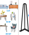 28 Inch Black Hairpin Table Legs Set of 4, Heavy Duty 900 Lb Capacity shown with sofas and tables illustration.