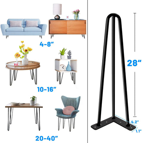 28 Inch Black Hairpin Table Legs Set of 4, Heavy Duty 900 Lb Capacity shown with sofas and tables illustration.