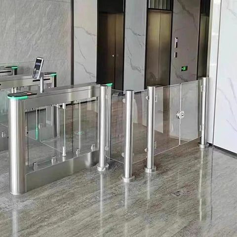Rock Solid Heavy Duty Metal Swing Safety Gate, Slick Spring Loaded Automatic Entry Turnstile with clear panels, stainless steel construction.