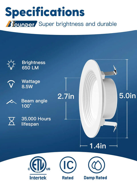 12 Pack 4 Inch LED Can Lights Retrofit Recessed Downlights With Baffle Trim Dimmable 8.5W 3000K Warm White 650 Lumens specifications