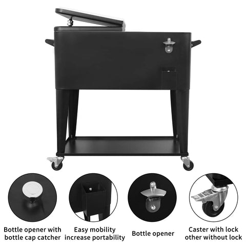 Portable Rolling Cooler Cart On Wheels With Shelves For Outdoor Parties Patio Deck Backyard Bbq Bar Beverage Service 80 Quart Ice Chest With Bottle Opener And Locking Casters Black shown with open lid and side features.