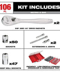 Image displaying 106 Piece Ratchet And Socket Set In Durable Polycarbonate Case One Quarter Inch To Three Eighths Inch Drive With SAE And Metric Sizes For Quick Versatile Home And Shop Repairs Heavy Duty Pro Grade Tool Set with components.