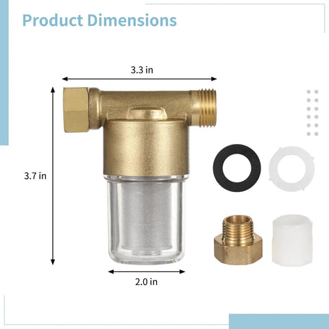 Garden Hose Sediment Filter And Inline Water Screen For Washer Dryer Heater Setup With Transparent Housing showing dimensions and parts.