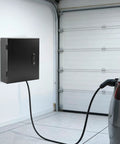 Hella Tough Wall Mounted EV Charger Outdoor Enclosure Rugged Weatherproof Protection Shell on garage wall with charging cable.